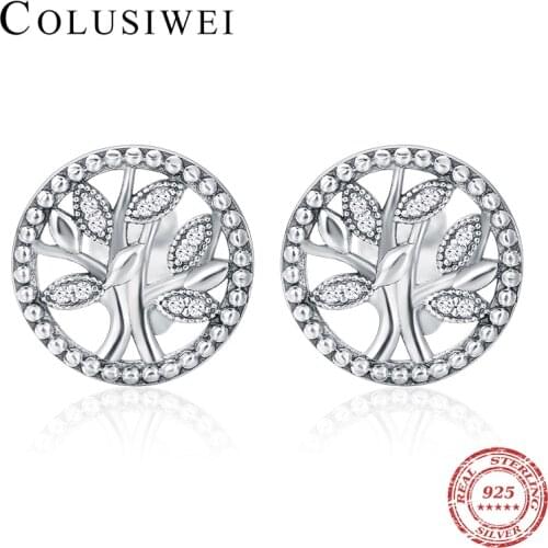 Colusiwei Genuine 100% 925 Sterling Silver Shiny Genealogy Family Tree Stud Earrings for Women Sterling Silver Jewelry Brincos