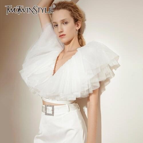 TWOTWINSTYLE White Ruffle Shirt For Women V Neck Short Sleeve Patchwork Mesh Slim Blouses Female Summer Fashion Clothing Stylish