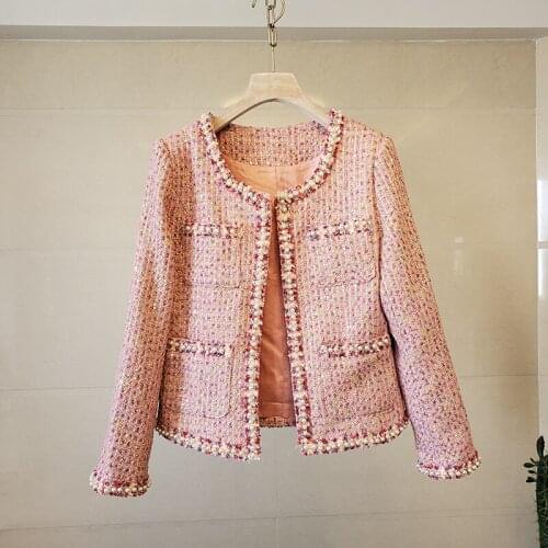Pink Tweed Jackets Coat Women O-Neck Long Sleeve Vintage Harajuku Woolen Outwear Luxury Autumn Winter Pearls Beading C733