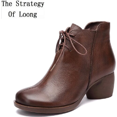 Spring Autumn British Retro Thick Heels Genuine Leather High-top Women Ankle Equestrian Boots Ladies Winter Short Boots 20200802
