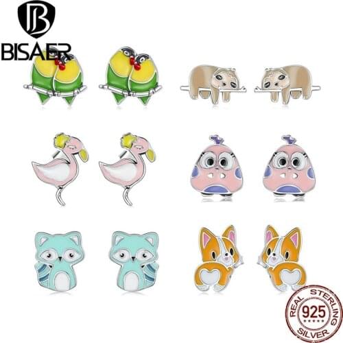 BISAER 925 Sterling Silver Women Earrings Cute Corgi Orioles Animals Funny Gift Cartoons Mini Earrings Lovely Jewelry ECE1276