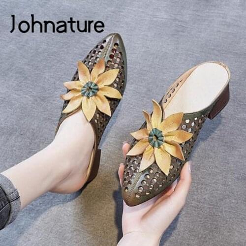 Johnature Shoes Women Slippers Genuine Leather 2021 New Summer Floral Outside Slides Flower Hollow Concise Retro Ladies Slippers