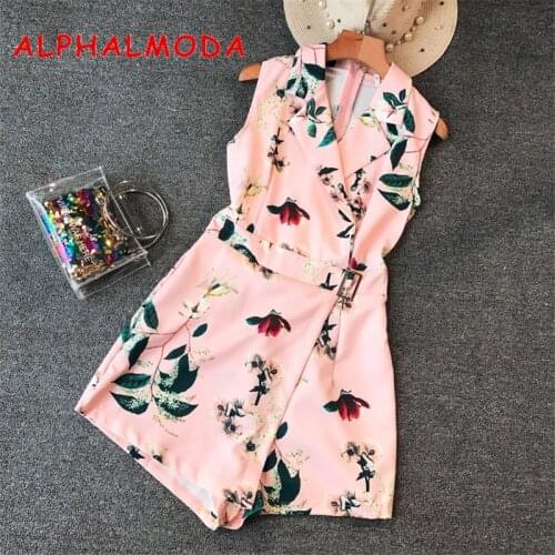 ALPHALMODA 2018 Summer Flora Printed Suit Collar Sleeveless Playsuits Asymmetrical Buckle Sashes Waist Women Slim Casual Rompers