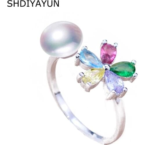 SHDIYAYUN 2019 Fine Pearl Ring Colorful Flower Natural Freshwater Pearl 925 Sterling Silver For Women Diamond Rings For Women