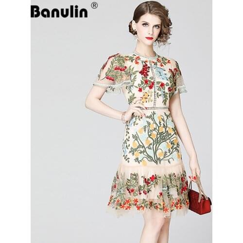 Banulin Fashion Designer Runway Dress Summer Womens Short Sleeve Floral Embroidery Elegant Lace Bodycon Ruffles Short Dresses