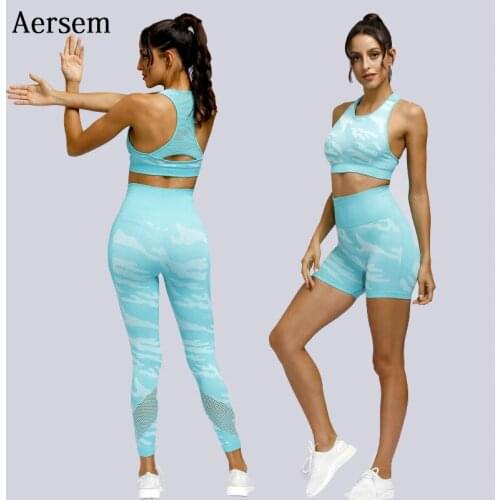 Aersem Camouflage Women Yoga Set Knitting Seamless Crop Top Shorts Pants Workout Clothes Sleeveless Yoga Suit for Ladies 2020