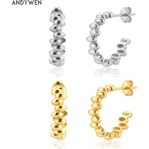 ANDYWEN 100% 925 Sterling Silver Gold 12.5mm Beads Hoops Piercing Rock Punk Clips Wedding Gift Fashion Fine Jewelry For Women