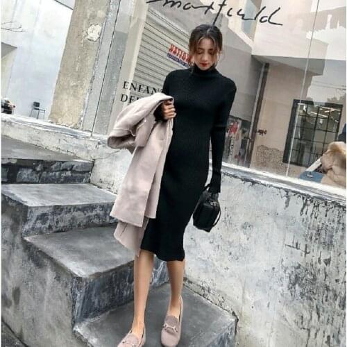 Maternity Turtleneck Elegant Nursing Sweater Dress Full Sleeve Breastfeeding Vestidos Pregnancy Knee-length Knitted Dress 2019