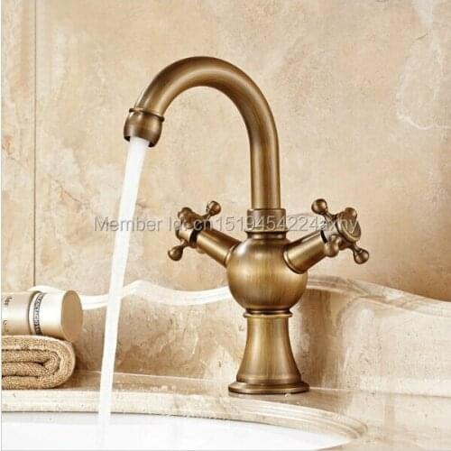 Free Shipping Bathroom Basin Faucet Dual Handle Antique Finish Hot and Cold Deck Mounted Swivel Water Basin Mixer Tap GI52