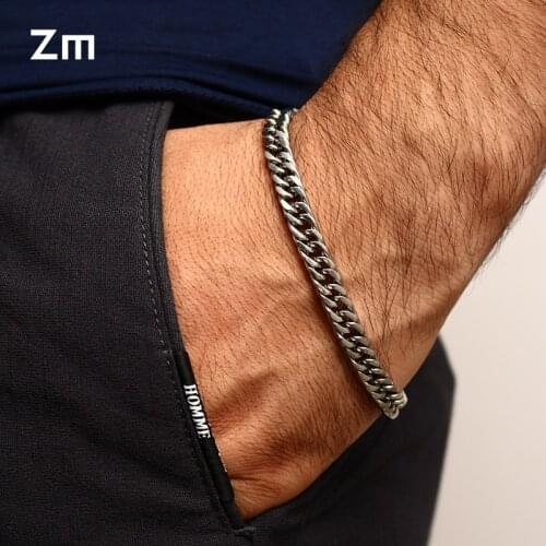 Trendy Stainless Steel Charm Silver Color Chain Bracelet Bangle Men Vintage Male Jewelry 21.5cm Length Wristbands Accessory Gift
