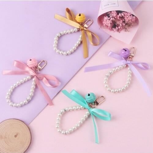 2020 Lovely Ribbon Lace Keychain For Women Car Bag Pendent Key Chains Ring Charms Imitation Pearls Bells Keyring Jewelry