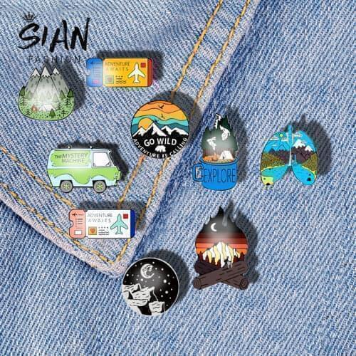 SIAN Field Adventure Brooches Acrylic Enamel Hike Travel Pins Explorer tickets Lapel Pin For Friends Cute Jewelry Cartoon Badge