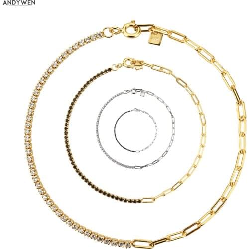 ANDYWEN 925 Sterling Silver Gold Geometric Chains Clear Black Zircon Bracelet Necklace Jewelry Set For 2020 Fashion European