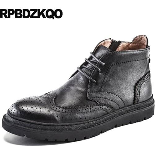 Shoes designer high quality booties winter lace up full grain leather boots black faux fur men genuine european zipper fall