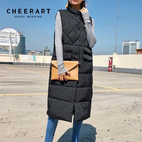 CHEERART Long Vest Winter Coat Women Sleeveless Down Jacket Slim Female Quilted Coat Femme Korean Waistcoat Colete