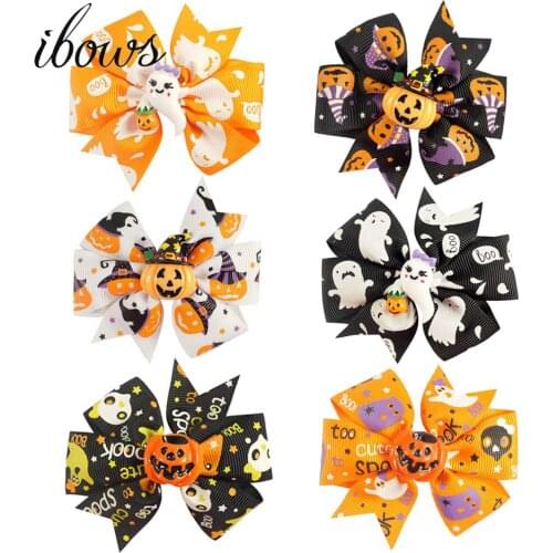 IBOWS 2Pcs/Lot 3'' Kids Pumpkin Hair Bows Pinwheel Print Halloween Hair Clip For Girls Party Hair Accessories Handmade Hairgrips