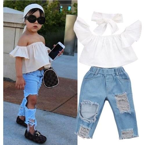 New 2020 Toddler Girls Kids Fashion Off Shoulder Tops Denim Pants Jeans 3 Pieces Outfits Set Clothes