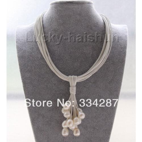 17"-24" 15row 14mm black pearls leather necklace magnet clasp