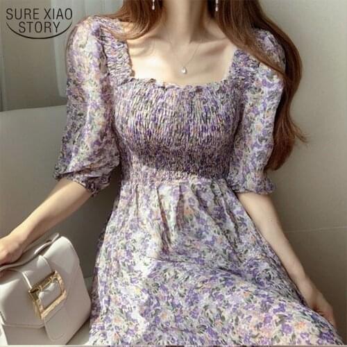 Summer Dress Robe Elegant Square Neck Party Dress Chiffon Dress Bubble Sleeve Floral High Waist Long Dress Vestidos 13853