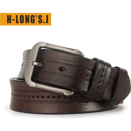 H-LongS.J Genuine Mens Belt Mens Leather 100% First Layer Leather Pure Belt Retro Casual Pants Belt Pin Buckle Denim Leather