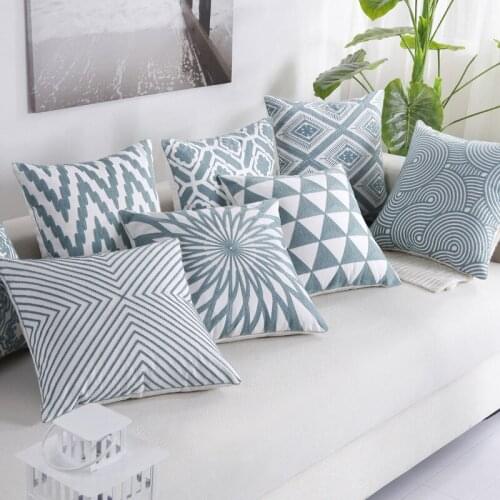 Embroidered Cushion Cover Home Decor One Side Printing White Blue Green Square Embroidery Pillowcase For Sofa Decorative45x45cm