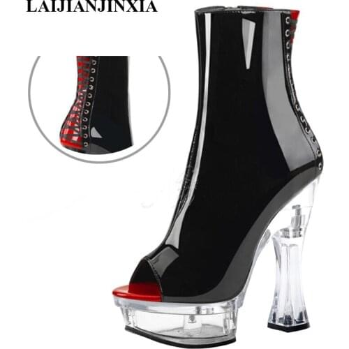 LAIJIANJINXIA New 14 cm Stiletto Heels Women Boots Sexy Ankle Boots Black Fish Mouth Boots Party Club Model Pole Dancing Shoes