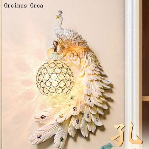 New creative Colorful Peacock crystal wall lamp living room corridor bedroom bedside lamp American Golden Phoenix wall lamp
