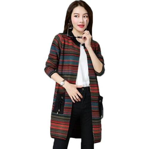 Autumn New Sweater Outside Long Cardigan Coat Women Korean Stripe Knitwear Cashmere Cardigan Large Size Sweater Coat Female Tops