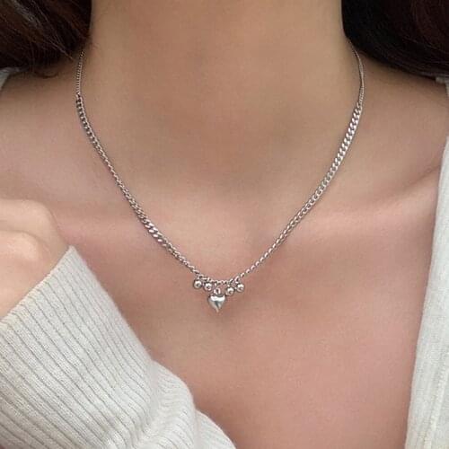 Docona Korean Version Geometry Heart Necklace for Women Simple Silver Color Metal Alloy Clavicle Chain Jewelry Wholesale 17295