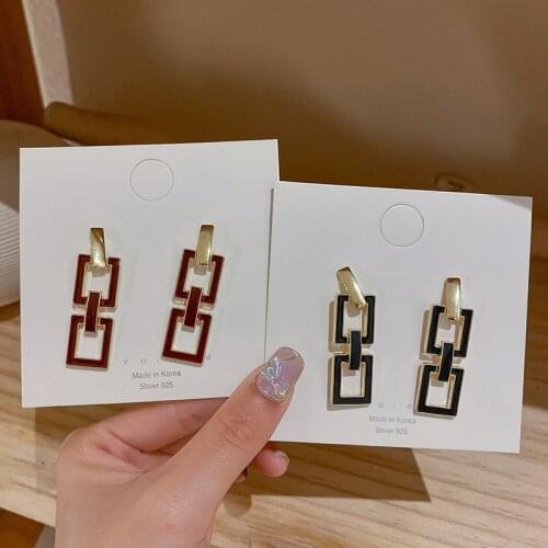 Korean Atyle Simple Design Hollow Geometric Metal Earrings Square Stitching Fashion Personality Retro Temperament Earrings