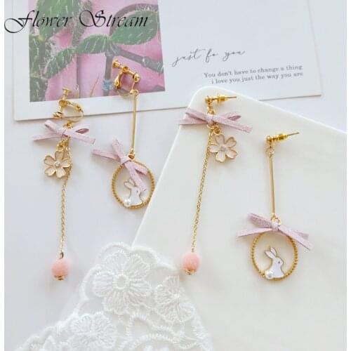 S925 Needle Jewelry Girl Bow Earrings Fashion Flower Bunny Asymmetric Long Earrings Ear Clip