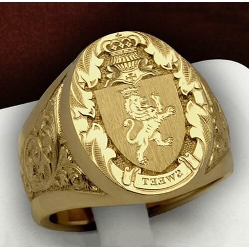 SECRET BOYS Fashionable Mens Crown Lion Badge Shield 18K Pure Gold Hand Carved Printing Jewelry Banquet Ring