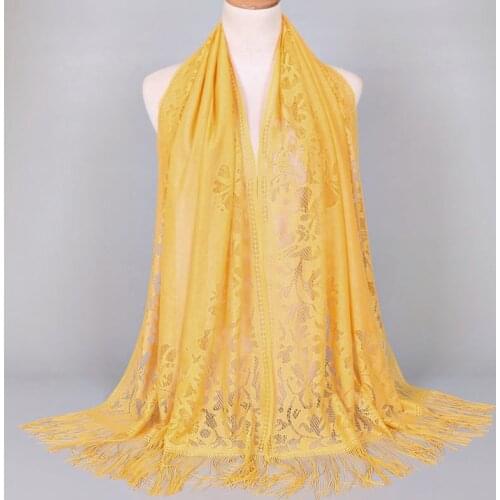 2019 New Polyester hollow out tassel Muslim Scarf Solid Color National Wind Long Scarves For Women Wrap Shawl Stole 18