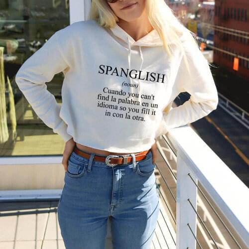 Spanglish Letters Print Fasion Sexy Spanish Crop Top Hoodies Womens Casual Mexican Solid Pullover Long Sleeve Hooded Tops