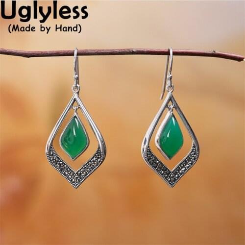 Uglyless Vintage Fashion Rhombus Chalcedony Earrings Women Marcasite Thai Silver Hollow Square Earrings 925 Silver Brincos E1637