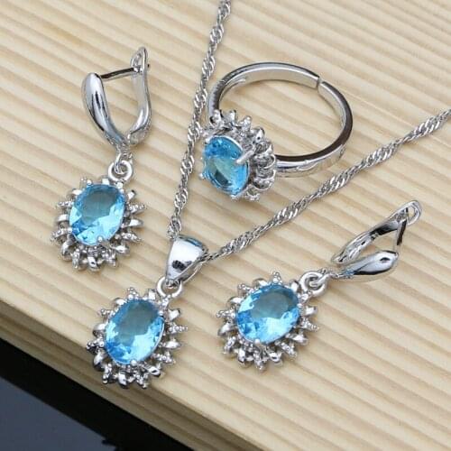 Vintage 925 Silver Jewelry Sets for Women Sky Blue Crystal 7 Color Stone Earrings Necklace Open Ring Simple Party Dropshipping