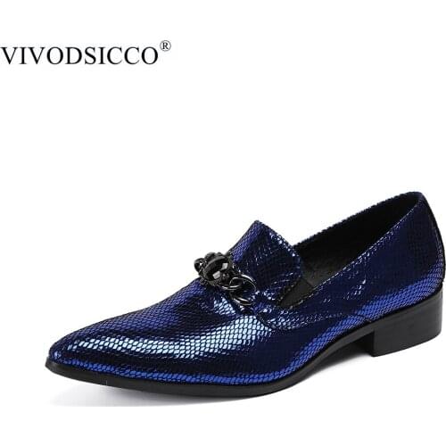 VIVODSICCO New Fashion Men Office Shoes Patent Leather Men Dress Shoes Blue Social Sapato Male Soft Leather Wedding Oxford Shoes
