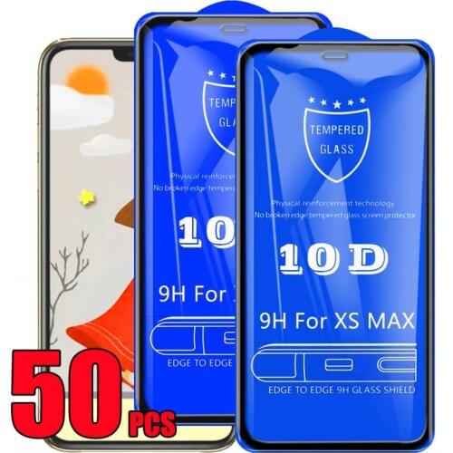 50pcs 10D Tempered Glass Full Glue Coverage Guard 9H Screen Protector Film For iPhone 12 Mini 11 Pro Max XS XR X 8 7 6 Plus SE