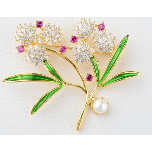 Womens White Pearl Golden plated Mixed Color Cz micro Flower Brooch