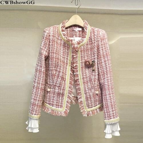 CWBshowGG Spring luxury runway fashion tweed ladies small fragrance short tassel beading patchwork round neck jacket female