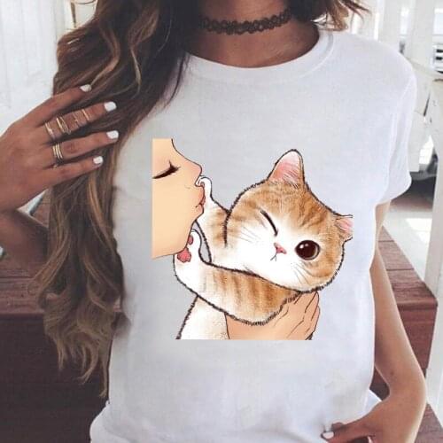 Ladies t-shirts harajuku Cartoon Cat Kiss Summer Short Sleeve Women tshirts Female Tees Graphics O-neck streetwear tshirt femme