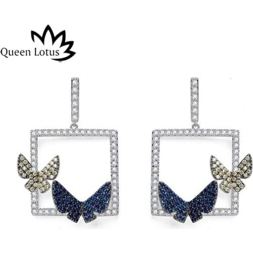 Queen Lotus Korean Fashion Women Earrings Cubic Zircon Hollow Square Drop Earrings Jewelry Crystal Dangle Earrings Butterflies