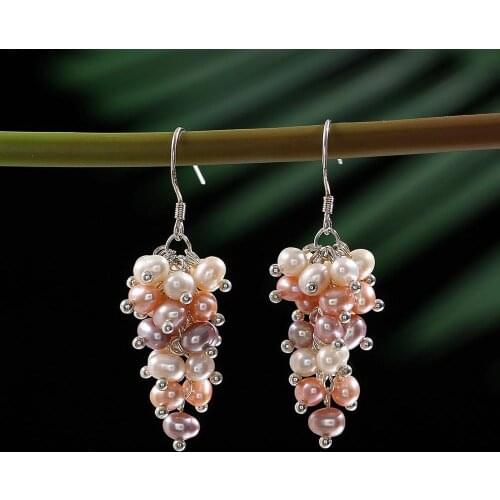 925 Sterling Silver Freshwater Pearl Earrings For Women Gold Drop Dangle Earrings Grape shape Party Girl Gift Fine Jewelry