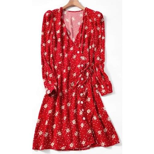 ElfStyle 100% Viscose Ladies Floral Printing Wrap V Neckline Short Mini Dress Features with Waist Ties & Long Sleeve