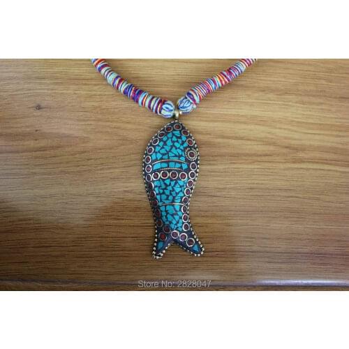 NK002 Nepal Handmade Knotted Big Fish Pendant Necklace Tibetan Ethnic Auspicious Sign Women Necklaces