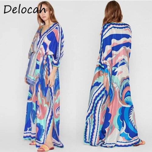 Delocah Women Summer Fashion Runway Maxi Dress Batwing Sleeve Printed Loose Robe Holiday Ladies Long Dresses Kaftan