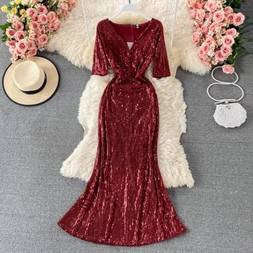 Summer New Style Banquet Elegant Temperament Vestidos Female V-neck Fishtail Sequin Annual Meeting Midi Dress GK860