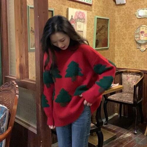 2021 Knit Christmas Tree Pattern Crew Neck Pullover Women Thick Autumn Winter Loose Sweater