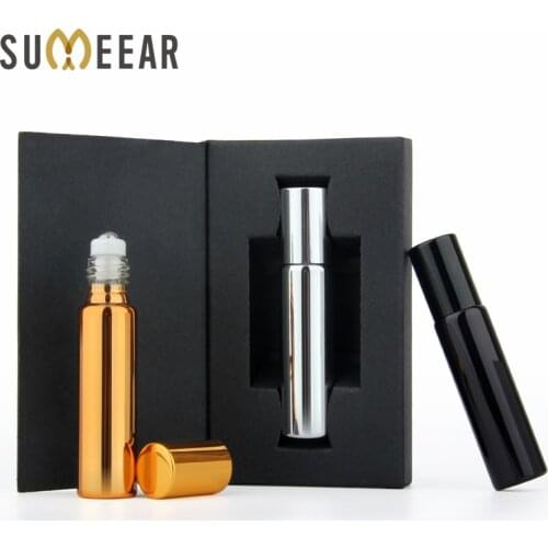 50 pcs/lot 10ml Packing box Essential Oil Bottle Stainless Steel Roller Ball Bottle Perfume Glass Bottle Travel Cosmetic