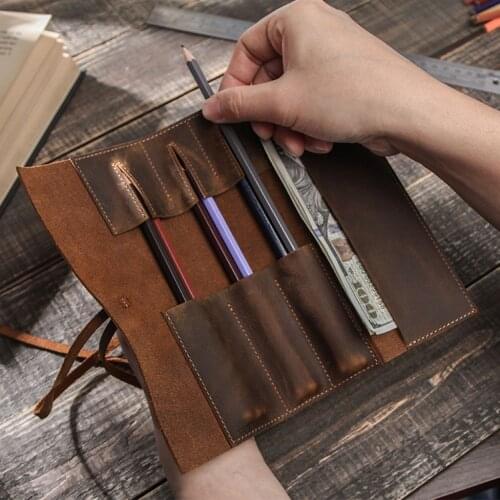 Retro Pencil Case Handmade Genuine Leather Roll Up Pen Curtain Bag Pouch Wrap Holder Stationery School Supplies